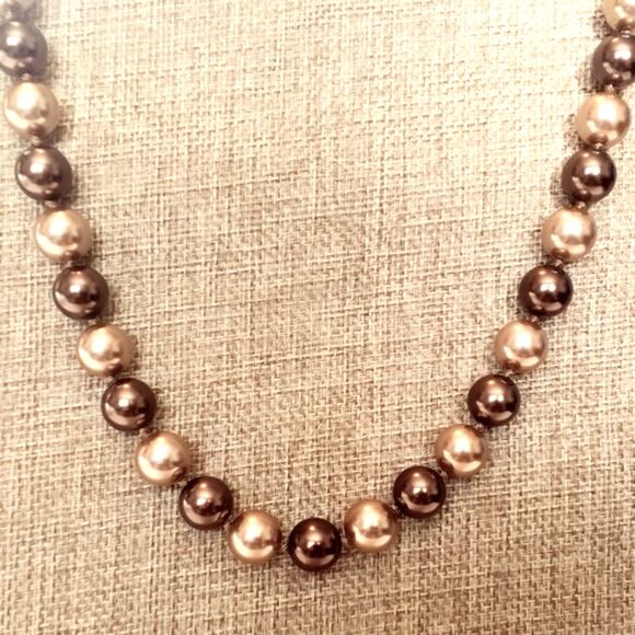 RMN Signed Champagne and Brown Hand Knotted Faux Pearl Necklace * - Picture 2 of 5